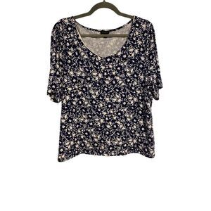 Talbots Top Women's XL Blue & White Knit Floral Short Sleeve Cottagecore Office